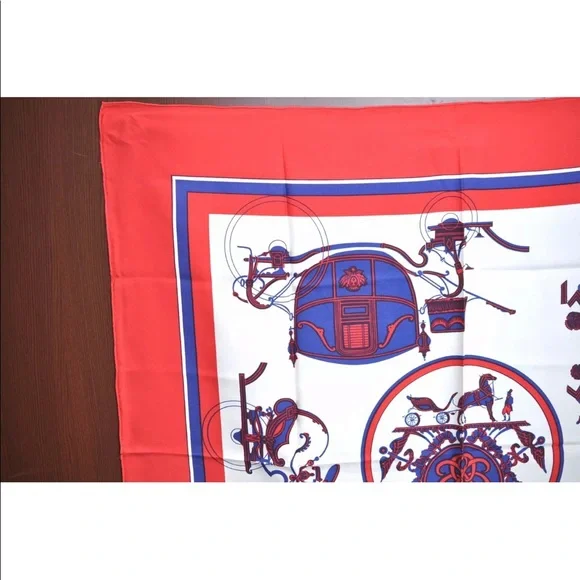 Authentic HERMES Carre 90 Scarf Carriage Motif Silk Red Fort of July colors - Picture 3 of 12